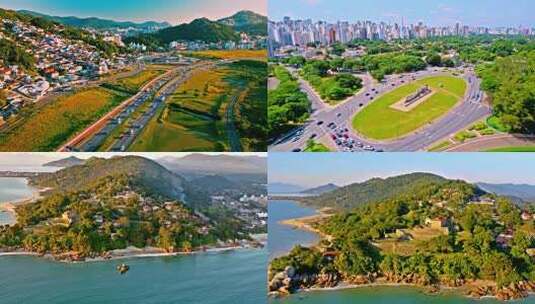 巴西地标建筑城市道路车流与周边景观航拍高清在线视频素材下载