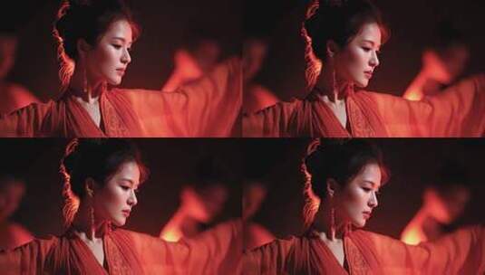 唐朝女子红衣舞动古典唯美瞬间高清在线视频素材下载