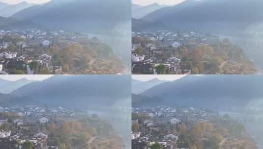 航拍安徽宣城泾县桃花潭两岸景区的唯美晨景高清在线视频素材下载