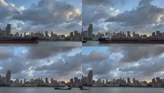 黄浦江畔城市与货船景观高清在线视频素材下载