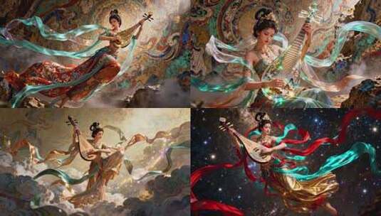 古装女子云端弹奏琵琶高清在线视频素材下载