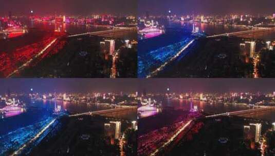 航拍武汉夜景长江灯光秀高清在线视频素材下载