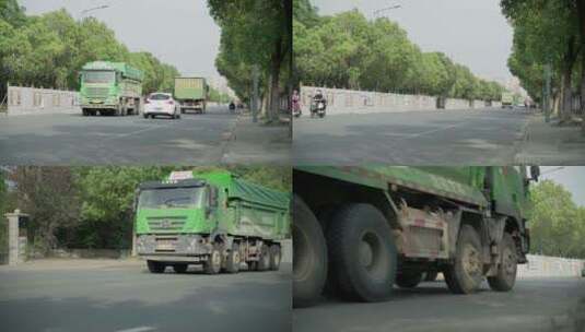 4k-绿色渣土车-道路行驶实拍高清在线视频素材下载