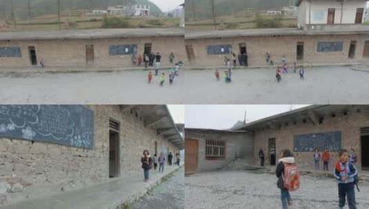 4k航拍云南山区贫困小学石头房子教室小学生高清在线视频素材下载