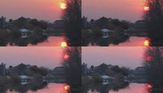 冬季河塘赤红落日高清在线视频素材下载