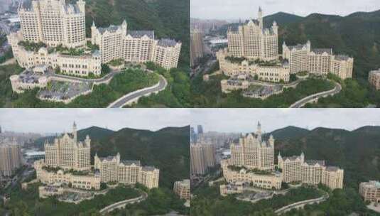 大连一方城堡酒店外景阴天航拍高清在线视频素材下载