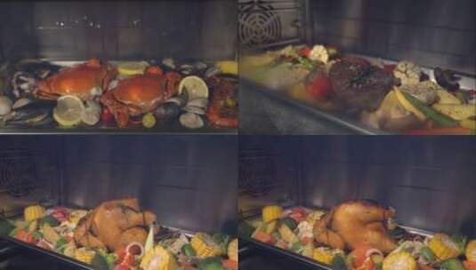 烤箱延时拍摄海鲜、牛排、烤鸡、芝士片4K高清在线视频素材下载