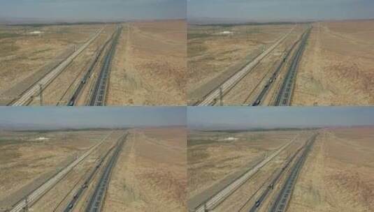 鸟瞰甘肃G30连霍高速公路和兰新铁路高清在线视频素材下载
