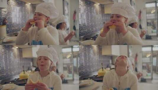 女孩在厨房吃自制烙饼高清在线视频素材下载