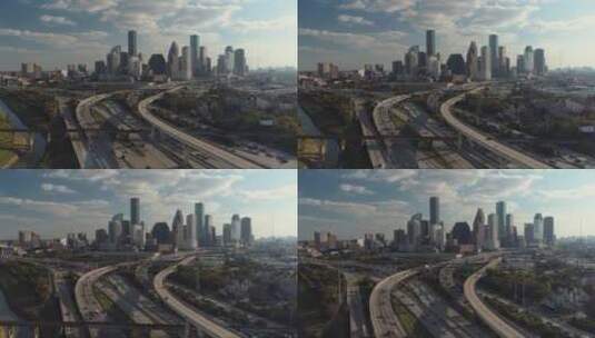 休斯顿市中心附近高峰时段交通的空中高清在线视频素材下载