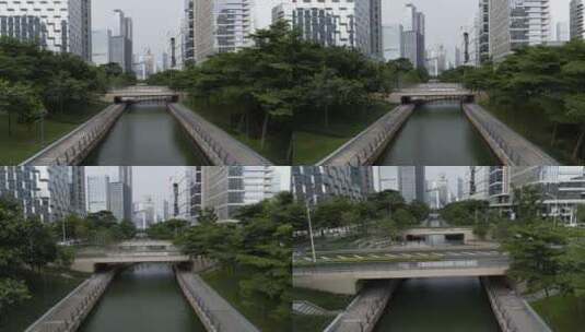 深圳 航拍 市内河流 自行车驶过高清在线视频素材下载