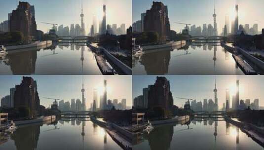 上海天际线日出航拍高清在线视频素材下载