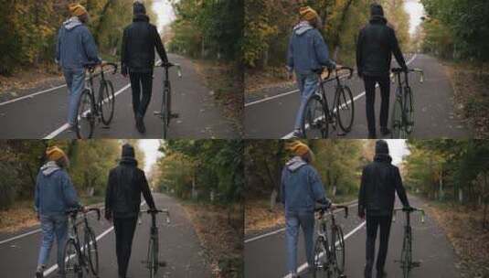秋季道路上散步的朋友高清在线视频素材下载