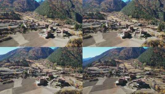 川西藏族村庄和秋天的山谷航拍高清在线视频素材下载