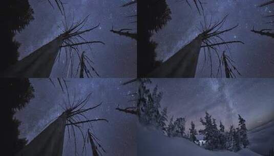 唯美星空延时摄影雪山星空枯树星夜银河高清在线视频素材下载