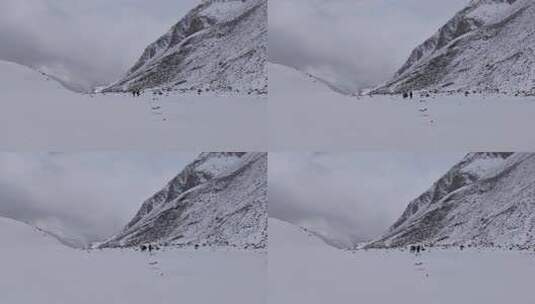 四川阿坝松潘岷山山脉雪中牵马的牧民高清在线视频素材下载