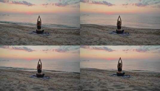沙滩上做瑜伽的女人高清在线视频素材下载
