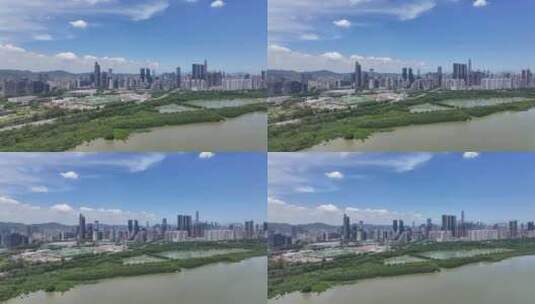 4K深圳湾超级总部蓝天白云航拍高清在线视频素材下载