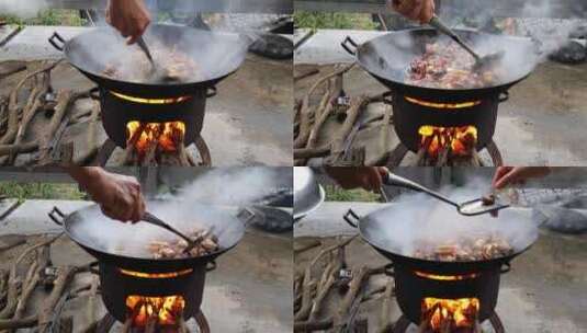 在农村生火烹饪鸭肉高清在线视频素材下载