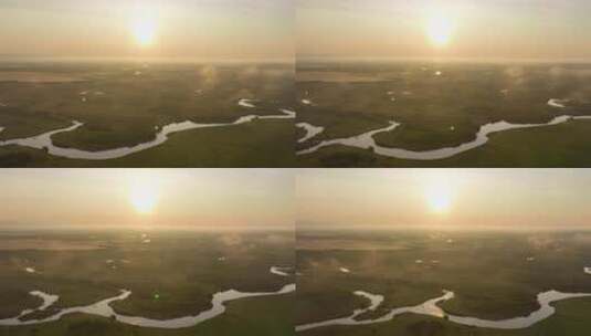 航拍大兴安岭扎敦河湿地晨雾风景高清在线视频素材下载