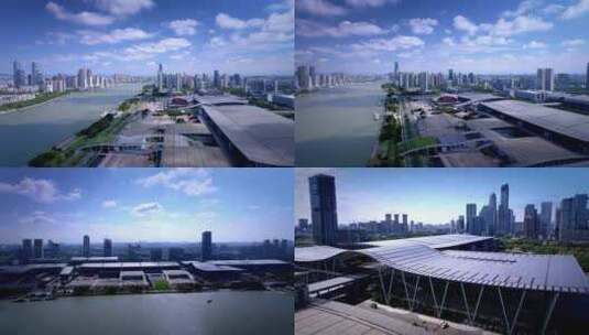 航拍广州琶洲会展中心蓝天白云长镜头高清在线视频素材下载