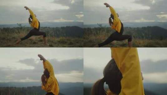 在山顶上做瑜伽健身操的女人高清在线视频素材下载