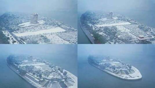 长沙橘子洲湘江大雪雪景航拍高清在线视频素材下载