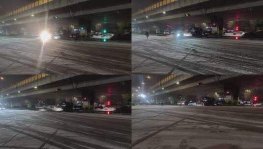 下雪天城市街头马路出租车行人高清在线视频素材下载