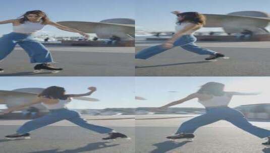 港口和马戏团溜冰鞋上旋转的女孩Slomo高清在线视频素材下载