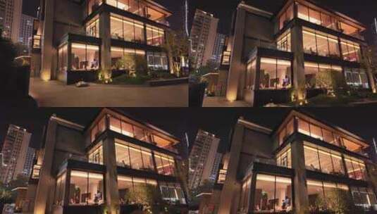 晋江创意园餐饮建筑夜景内透玻璃高清在线视频素材下载