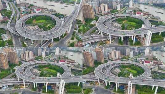 上海市黄浦区黄浦江南浦大桥桥梁车流交通航高清在线视频素材下载