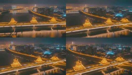 柳州凤凰岭大桥-侗族风雨桥夜景航拍延时高清在线视频素材下载
