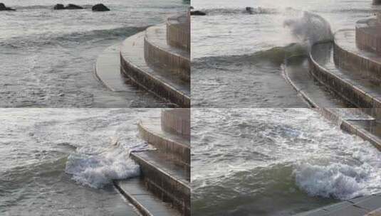 青岛海滨海浪冲击海岸浪花飞溅高清在线视频素材下载