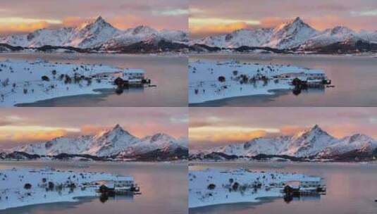 挪威罗弗敦群岛北极圈雷纳冬季雪景高空航拍高清在线视频素材下载