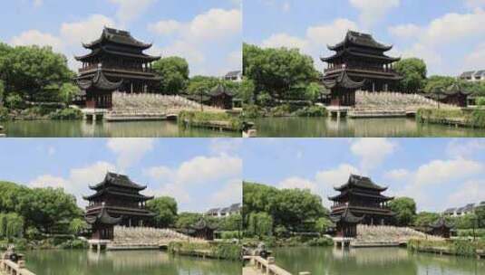 蓝天白云湖水古典园林苏州盘门古建筑高清在线视频素材下载