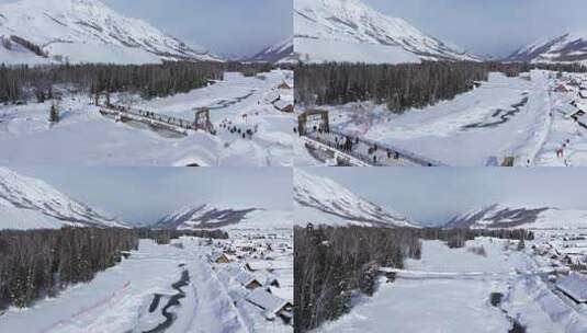 航拍新疆禾木雪景森林雪地小木屋禾木桥雪山高清在线视频素材下载