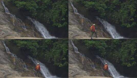 山间小瀑布徒步旅行自然景观高清在线视频素材下载