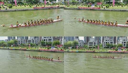 河上龙舟队伍集体划行场景高清在线视频素材下载