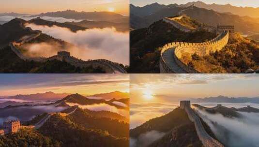 日出云海壮美长城航拍万里长城ai素材原创高清在线视频素材下载
