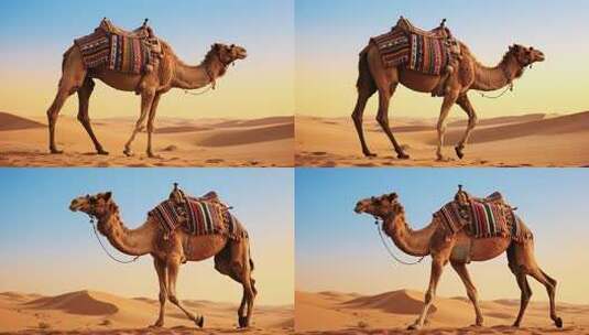 沙漠中驮着鞍具的骆驼高清在线视频素材下载