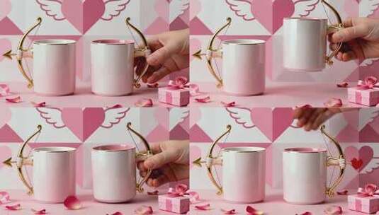 带丘比特弓箭把手的情侣马克杯高清在线视频素材下载