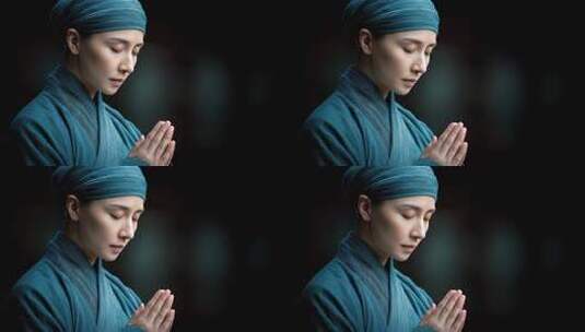 唐朝女子身着青衣祈祷神情庄重肃穆高清在线视频素材下载