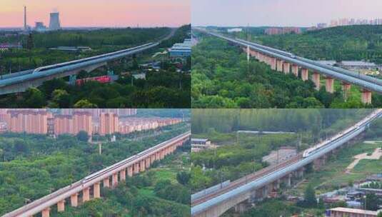 航拍京沪高铁、济枣高铁行驶的动车高清在线视频素材下载