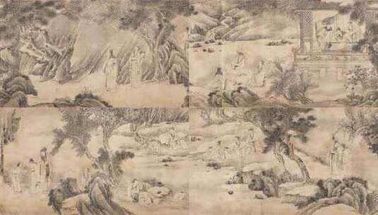 明代钱贡绘王羲之兰亭雅集纸本墨笔图卷高清在线视频素材下载