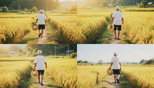 老人行走在金黄稻田小道高清在线视频素材下载