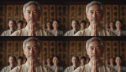 亚洲长者带领团队冥想营造平静氛围高清在线视频素材下载