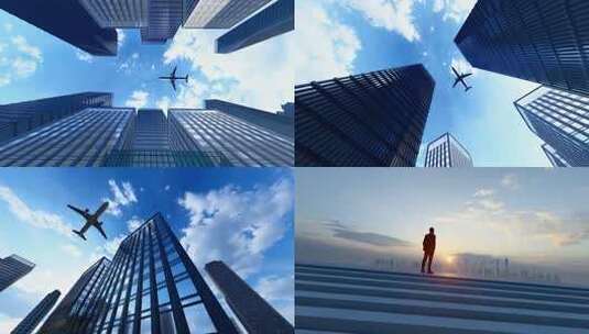商务飞机飞过金融写字楼穿越城市高清在线视频素材下载