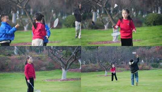 4K一对母女在公园草坪上打羽毛球高清在线视频素材下载