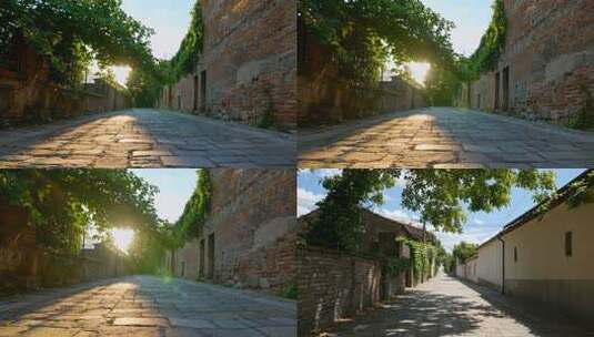 阳光斑驳古巷青石板路高清在线视频素材下载