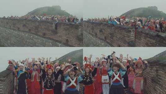 五十六个民族团结在长城挥手欢呼片头高清在线视频素材下载